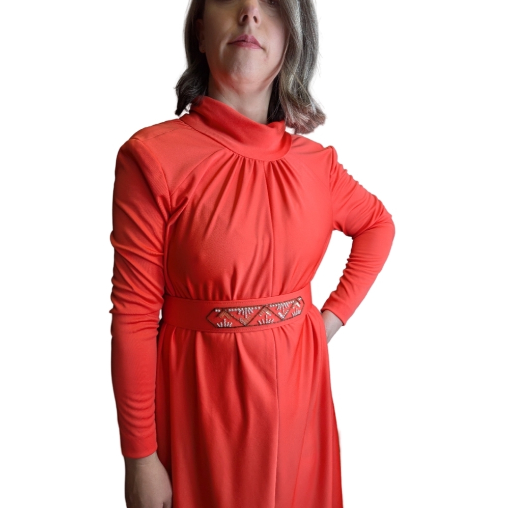 70s Coral Long Sleeve Maxi Belted Dress Size S/M